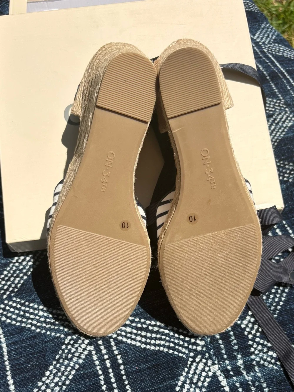 NIB, ON 34th, Striped Espadrille Wedge Sandals in Navy and Natural, Size 10